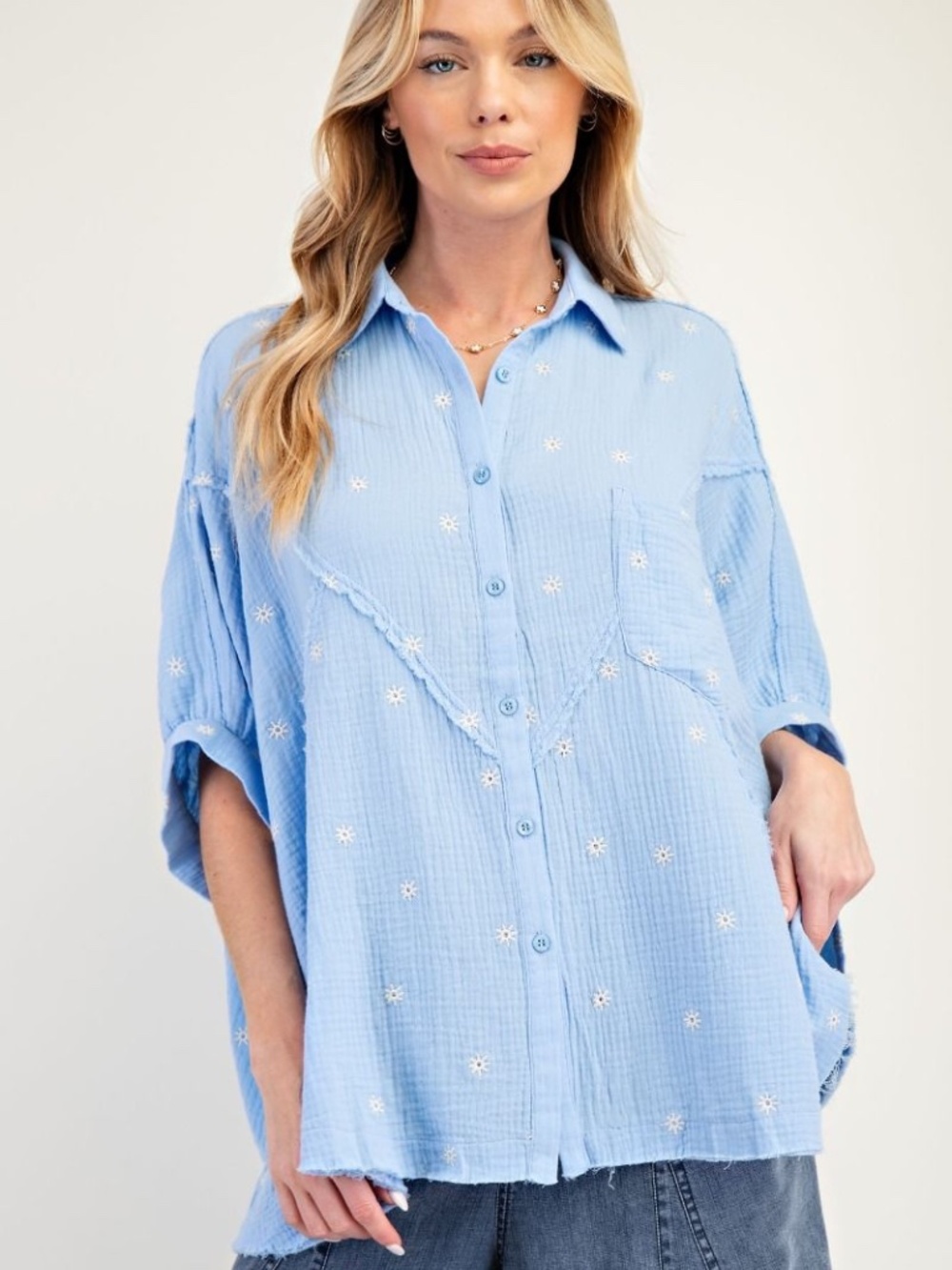 Easel Sky Blue Floral Embroidered Loose Fit Button Down Shirt - Picture 2 of 6